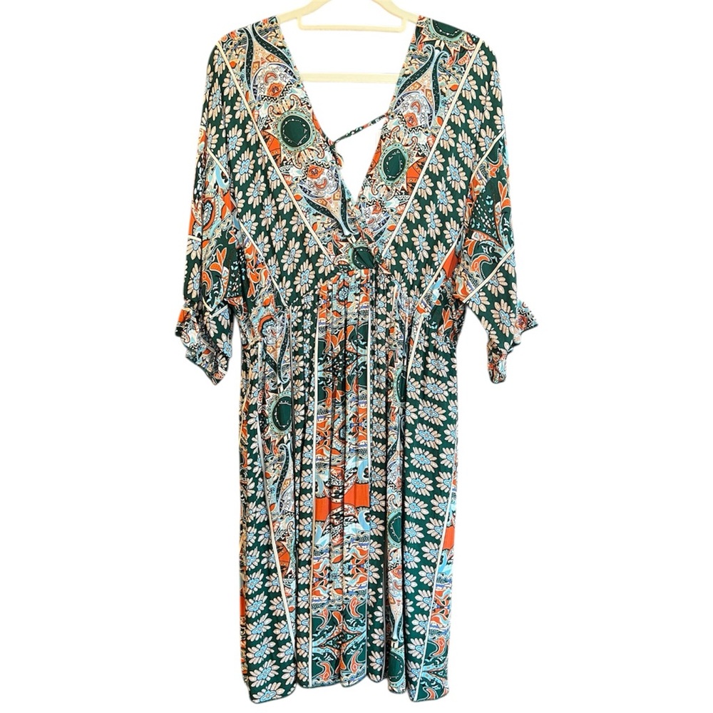 Boho Paisley V-Neck Midi Dress Green/Orange Size Medium ePretty Vibrant Pattern